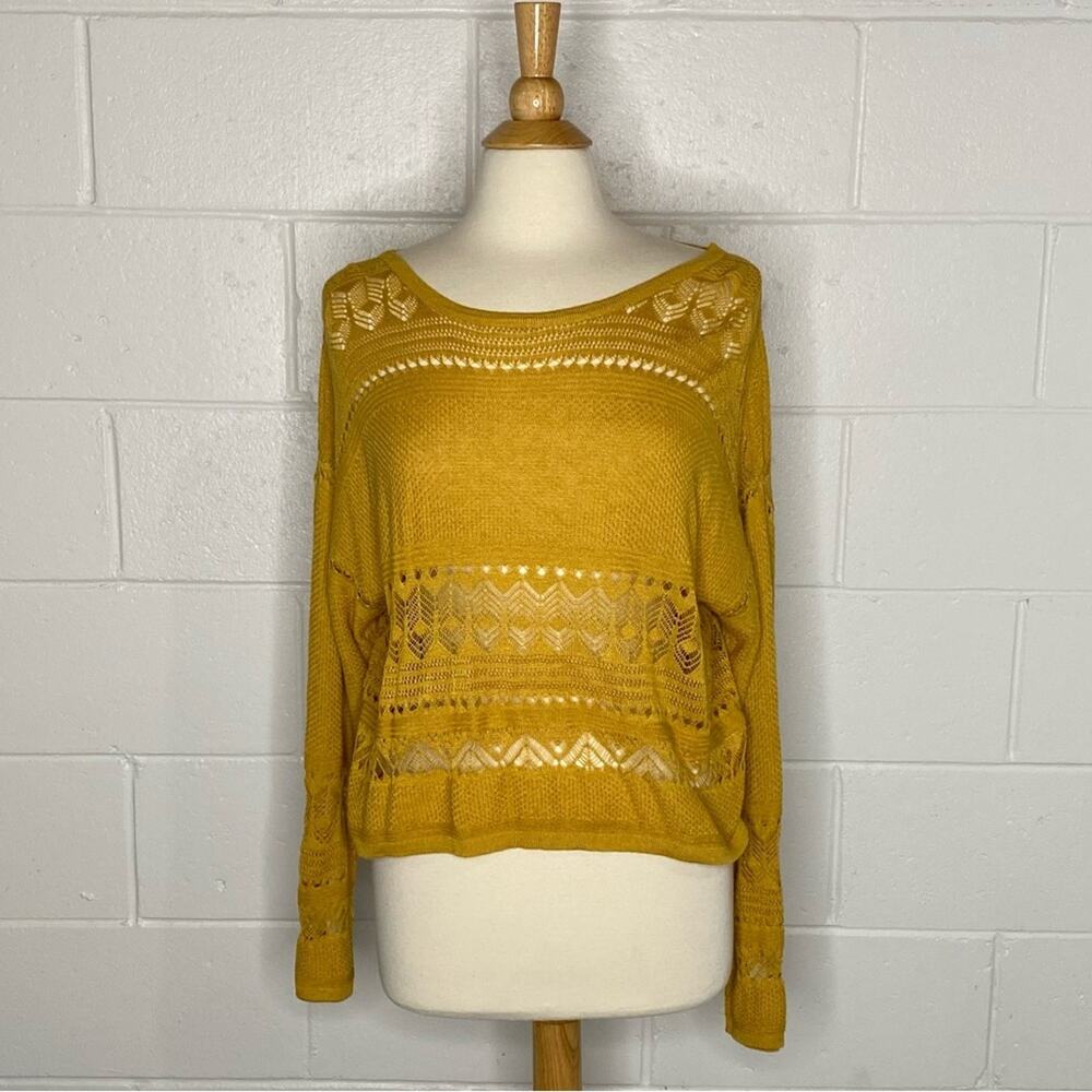 Mustard Knit Long Sleeve Blouse Sheer Boho Style P17